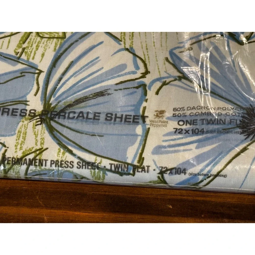 Lady Pepperell Flat Sheet Twin Blue Floral NOS Vintage Percale MCM 72x104